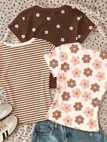 三件套奶油白、棕色条纹、摩卡棕色圆领短袖基础款T恤，BM风格花卉系列，适合少女日常休闲穿着、居家、度假、春夏装扮 - 彩色 - 查看 2