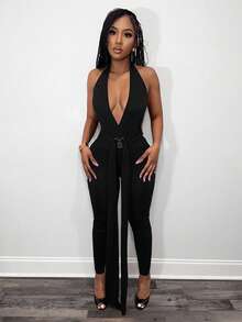 BamGleam 女士时尚性感深V领露背吊带连体裤 - 黑色 - 查看 3