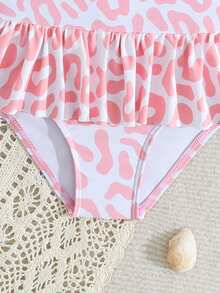 Baby Girls' One-Piece Swimsuit, Knitted Fabric, Cute Leopard Print, Ruffle Shoulder Design, Waist Belt Skirt, Headband Included, Suitable For Swimming, Water Play, Pool Fun - Multicolor - View 6