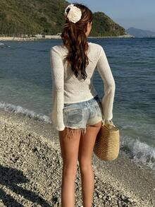 Breezaya Camiseta casual de manga larga con cuello en V y tejido de punto hueco para mujer, tops de punto de primavera/verano, tops de punto blancos de manga larga para el verano, tops de punto para mujer - Blanco - Ver 2