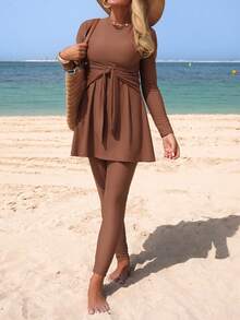 Swim Shayni 2026 Summer NEW Women's Summer Solid Brown 2pcs/Set Long Sleeve Cinching Waist Burkini Beach Vacation, Pool Party, Beach PartyBeach Outfits, Music Festival Outfits, Vacation Outfits, Seaside Dates, Holiday Outfits, Sexy, Elegant, Casual Outfits, Beach Party Outfits, Pool Party Outfits - Brown - View 8
