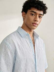 SWAVVY 男士浅色纹理短袖休闲衬衫 - 藍色 - 查看 5