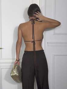 Ronhire Women's Sexy Backless Rhinestone Glitter Halter Neck Blouse, Suitable For Cocktail Party, Clubbing, Daily Wear, Autumn/Winter Layering Top, Party, Carnival,Sequin Top, Sparkly Top Cowl Neck Top,Valentine's Day,Valentine Outfits For Women - Brown - View 2