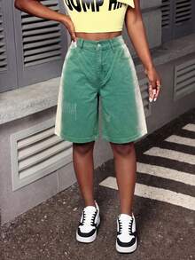 Slaydiva 女士休闲日常口袋纽扣牛仔短裤 - 綠色 - 查看 3
