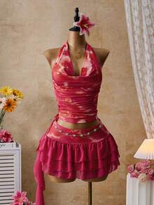 Femesol 两件套度假粉色印花露背吊带不对称上衣搭配迷你印花裙，尽显优雅气质，适合锐舞派对、音乐节、街头风、演唱会、夜店、约会、生日派对、派对必备、基础款、外出、休闲针织、亮面等场合，也是毕业季的理想之选。 - 彩色 - 查看 5