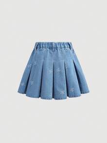 SHEIN 青少年女孩可愛藍白條紋蝴蝶結刺繡牛仔百褶裙，夏季返校時尚校園 Y2K 復古街頭風裙子 - 藍色 - 查看 3