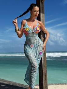 Swim SXY 粉色镂空钩编手工花边亮片性感优雅女士沙滩罩衫 - 淺藍色 - 查看 3