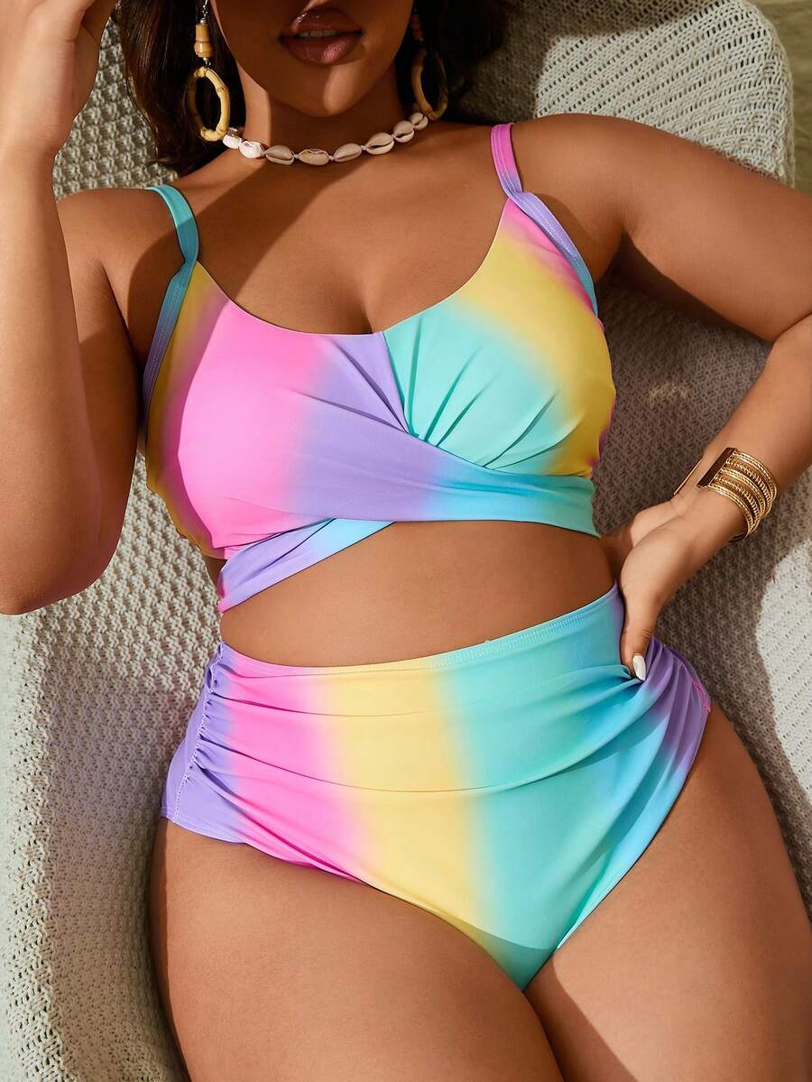 SHEIN Slayr CURVE Bộ bikini hở lưng Ombre Criss-Cross cỡ lớn mùa hè - Nhiều màu - Xem 1