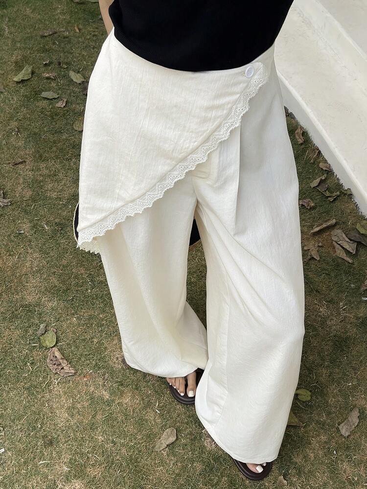 Lace Patchwork Wide Leg Pants, Casual Vacation Spring/Summer Trousers For Women