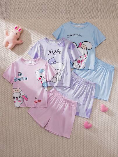 Set de 6 piezas de pijama casual con estampado de cachorrito, de manga corta y pantalón corto, de ajuste regular, de punto y cuello redondo, para niña, en colores rosa/azul/morado, para primavera/verano