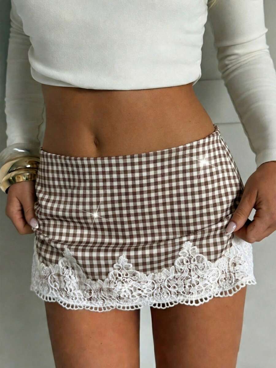 CovetEZ 2026 Spring/Summer New Brown & White Plaid Skirt, Party & Casual Wear, Women's Holiday Outfit, Women's Casual Dress, Apricot Satin & Contrast Lace Low Waist Skirt For Women - Multicolor - View 1