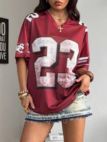Coolane Camiseta de béisbol oversize con número impreso, estilo deportivo vintage y de calle para mujer, ideal para el verano y festivales - Rojo - Ver 2