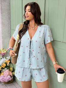 Vionelle 大码梭织条纹V领纹理短袖上衣和抽绳腰休闲短裤套装，夏季女装套装，夏季短款套装，女士度假装，女士度假服装，女士短款套装，夏季套装，女士海滨装，女士度假装，女士夏季上衣，女士夏季套装，女士夏季两件套，女士休闲衬衫，女士度假套装，女士夏季衬衫，女士野餐装，女士沙滩装 - 藍色 - 查看 3