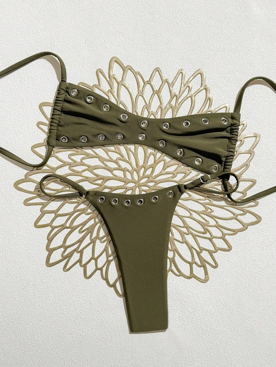 SHEIN Swim Ensemble de maillot de bain sexy d'été décontracté pour vacances à la plage, couleur unie, style bandeau, nouveauté 2025 pour femmes - Militaire verte - Voir 1