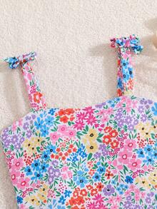 Emery Rose Kids Tween Girl Ditsy Floral Print Knit Casual One-Piece Swimsuit Ls Spaghetti Strap,Spring/Summer - Multicolor - View 3