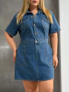 Plus Front Button Casual Denim Dress - Medium Wash - View 6