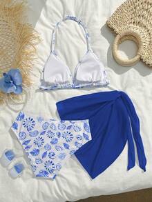 SHEIN Bộ bikini in hoa thời trang dễ thương cho bé gái tuổi teen, thích hợp đi biển, hồ bơi, dự tiệc, kỳ nghỉ, bộ đồ bơi ba mảnh mùa xuân/hè. Đồ bơi hai mảnh in hoa màu xanh trắng cho bé gái, bộ bikini cạp cao, bộ bikini kín đáo, trang phục mùa hè cho bé gái, đồ bơi cho thiếu nữ, bộ đồ bơi hai mảnh mùa hè cho bé gái, bộ đồ phối hợp cho bé gái mùa hè, trang phục mùa hè, đồ bơi in hình vỏ sò, bộ bikini buộc cổ, đồ đi biển có áo khoác ngoài. - Màu xanh lam - Xem 2