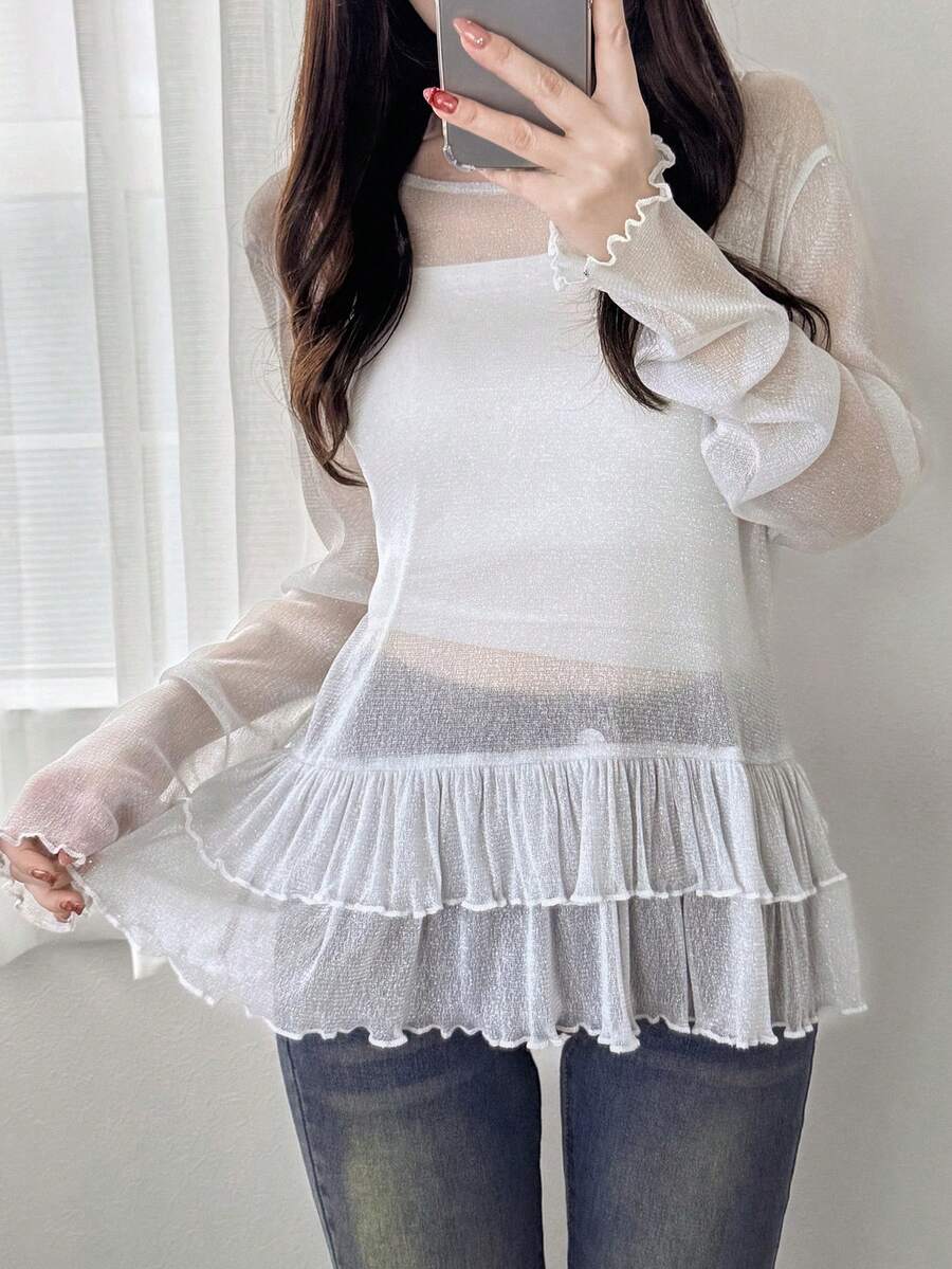 FRIFUL 女士夏季纯色圆领长袖荷叶边下摆薄纱衬衫 - 白色 - 查看 1