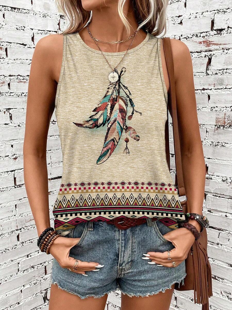 SHEIN LUNE Áo tank top nữ dáng rộng phong cách retro, họa tiết hoa cổ điển, trang phục mùa hè. - Nhiều màu - Xem 1