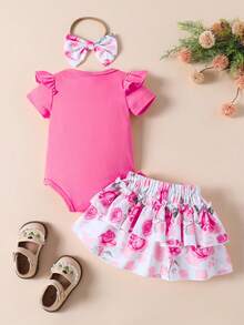 Souflis Souflis 3pcs Baby Girl Sweet Cute Cap Sleeve Romper, Floral Print Bowknot Dress & Headband Set, Summer - Hot Pink - View 2