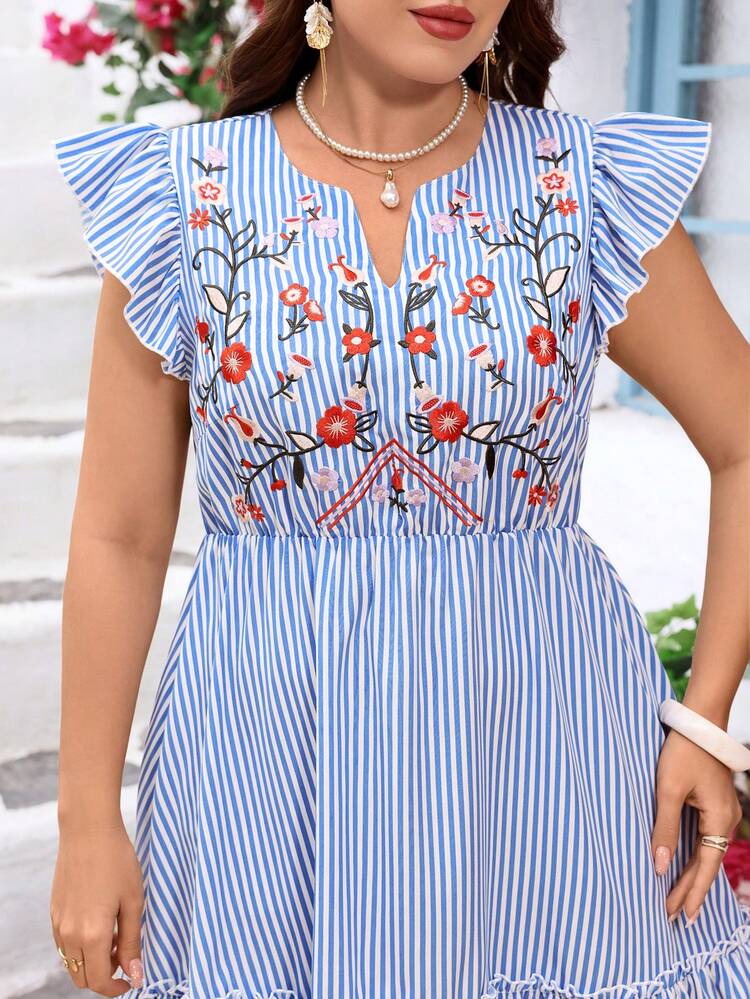 Plus Size Women Summer Vacation Elegant Casual  Blue & White Striped Floral Embroidered Dress,Summer Vacation,Casual Holiday Style,Summer Outfits For Women ,Vacation Outfits Women ,Holiday Outfits For Women,Going Out Outfits,New Clothes,Simple And Fashionable For Everyday Wear,Suitable For Summer, Vacation, Daily Wear, Festival Outfits For Women,Country Concert Outfit,Beach Outfits For Women,Western Style,Flowy Dress,Gifts For Mother,Boho Dress