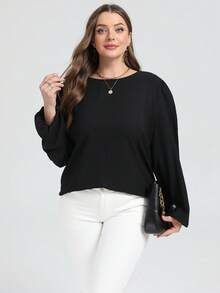SHEIN LUNE Áo cánh mùa thu thanh lịch giản dị hở lưng giống lụa nhăn cỡ lớn cho nữ - màu đen - Xem 4