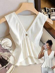 Franclia 女士V领单排扣荷叶边下摆无袖休闲/工作/约会/日常穿着上衣，优雅百搭 - 白色 - 查看 1