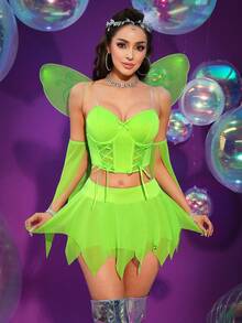 Women's Sexy Fairy Lace-Up Bra Top And Asymmetrical Net Skirt Long Sleeve Costume Set With Butterfly Wings - Green - View 3