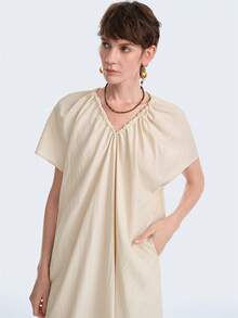 Aalyst 女士柔软棉质抽绳领口可调节深度，蝴蝶结后背系带落肩宽松长裙，优雅法式浪漫复古通勤商务海滩度假休闲简约百搭，新款春夏婚礼派对下午茶 - 杏色 - 查看 3