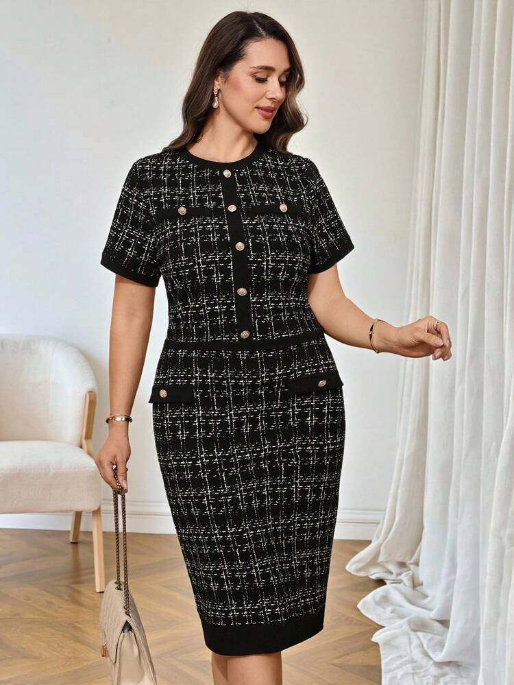 Plus Size Women Plaid Button Design Round Neck Short Sleeve Top And Midi Skirt Elegant 2 Pieces Set/Summer/Elegant, Summer Outfits Black Work Dress Business Casual Dress Tweed Two Pieces Set Summer Outfits Party Dress Beach Vacation Outfits For Women Formal Dress Elegant Midi Set Women Work Outfits Set Plus Size Office Wear Women Suit Set Business Women's Dress Formal Wear Work Dresses For Women Summer Outfits For Women Beach Outfit For Women Casual Vacation Outfits Women Country Concert Outfi