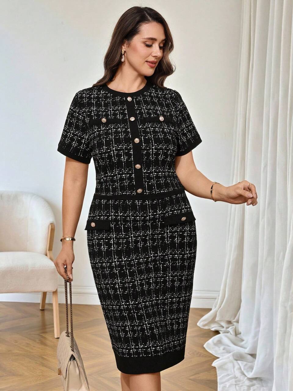 Plus Size Women's Black And White Plaid Elegant 2 Pieces Set,Summer Tea Party Short Sleeve Top & Midi Skirt,Tweed Business Casual Work Office Dress