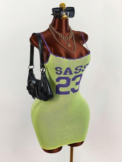 Amplova 2026新款霓虹色块数字字母印花低胸修身迷你连衣裙（女款）