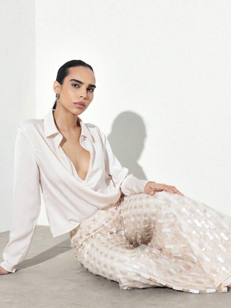 KSTM Women's Wide Leg Sequin Pants High Rise Palazzo Trousers With Sparkly Embellishment For Party Evening Occasions