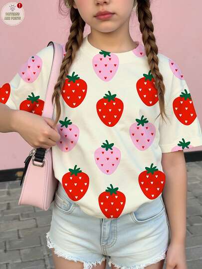Tween Girls' Cute & Sweet Summer Colorful Strawberry Print T-Shirt, Vacation Vibe, Casual Comfortable Outfit Suitable For Spring/Summer, Daily Wear, Back To School, Matching With Sisters, Vacation, Valentine's Day