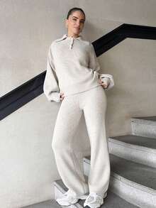 Marta Soriano 2件套女士休闲翻领毛衣和裤子套装，秋季 - 米色 - 查看 4