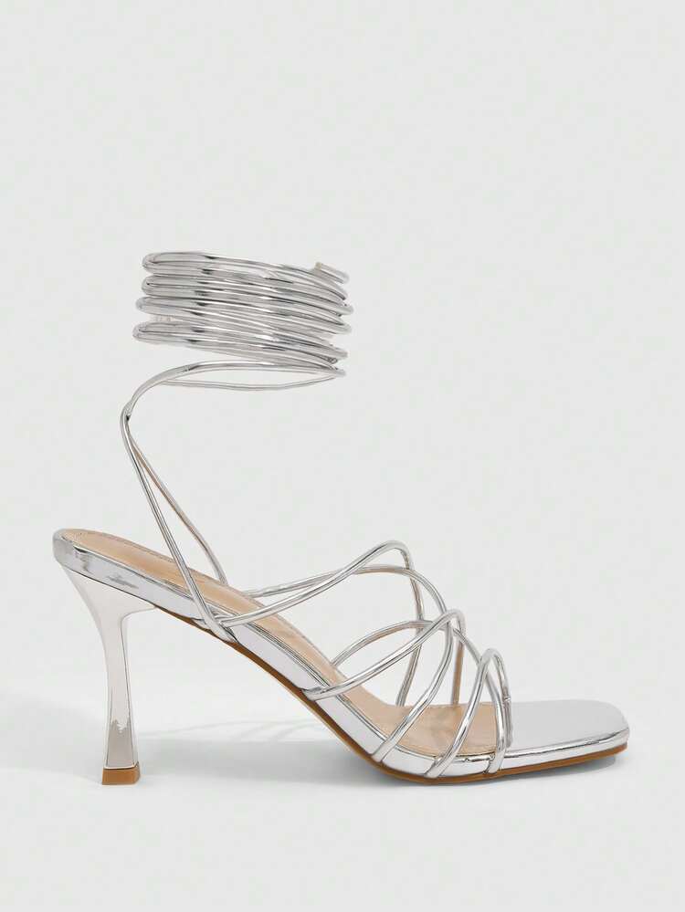 CUCCOO SZL Women's Square Toe Thin High Heel Silver Strap Sandals, Sexy Fashion Party Dress Heels, Summer Ladies High Heel Sandals Prom Heels