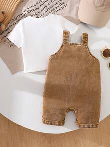 SHEIN Playful Pals Newborn Baby Summer Casual Bear Embroidery Pocket Romper - Coffee Brown - View 2