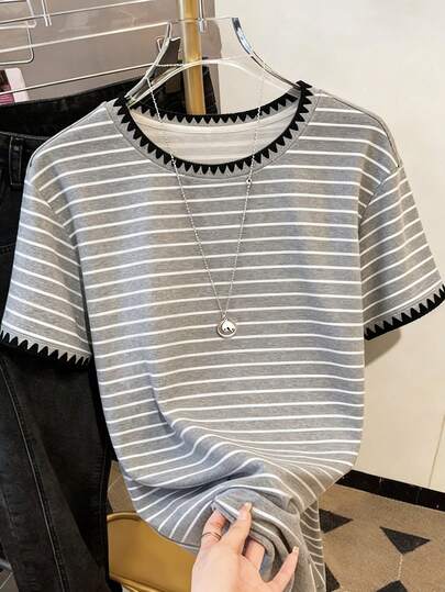 Resyla Striped Digital Print, Lace Embroidered Fashionable Minimalist Women's Regular Crew Neck Short Sleeve T-Shirt, Gift For Friends