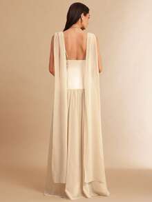 Silquee Apricot & White Deep V-Neck Ruched A-Line Backless Dress, Elegant Attire For Bridesmaids, Weddings, Beach Vacations, Dates, Parties, Cocktail Events, Romantic Occasions - Apricot - View 2