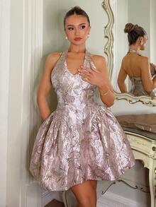 SHEIN Fashionable & Elegant Jacquard Open Back Halter A-Line Short Dress - Apricot - View 1