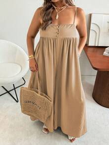 Ceyna 大码女式纯色带口袋休闲度假宽松连体裤 - 卡其色 - 查看 6