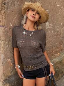DAZY Women's Solid Color Hollow-Out Lightweight Crew Neck Short Sleeve Casual Summer Top - Coffee Brown - View 6