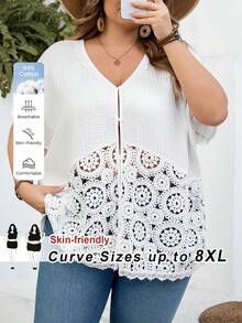 SHEIN CURVE+ 加大码 US22 音乐节、海滨度假、波西米亚风休闲纯色蕾丝拼接蝙蝠袖衬衫，适合教师穿着，夏季上衣 - 白色 - 查看 12