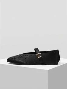 MOTF PREMIUM WOMEN'S COMMUTING CASUAL COMFORTABLE VERSATILE MARY JANE SQUARE TOE DIAMOND FLAT SHOES FOR CHRISTMAS - Black satin - View 2