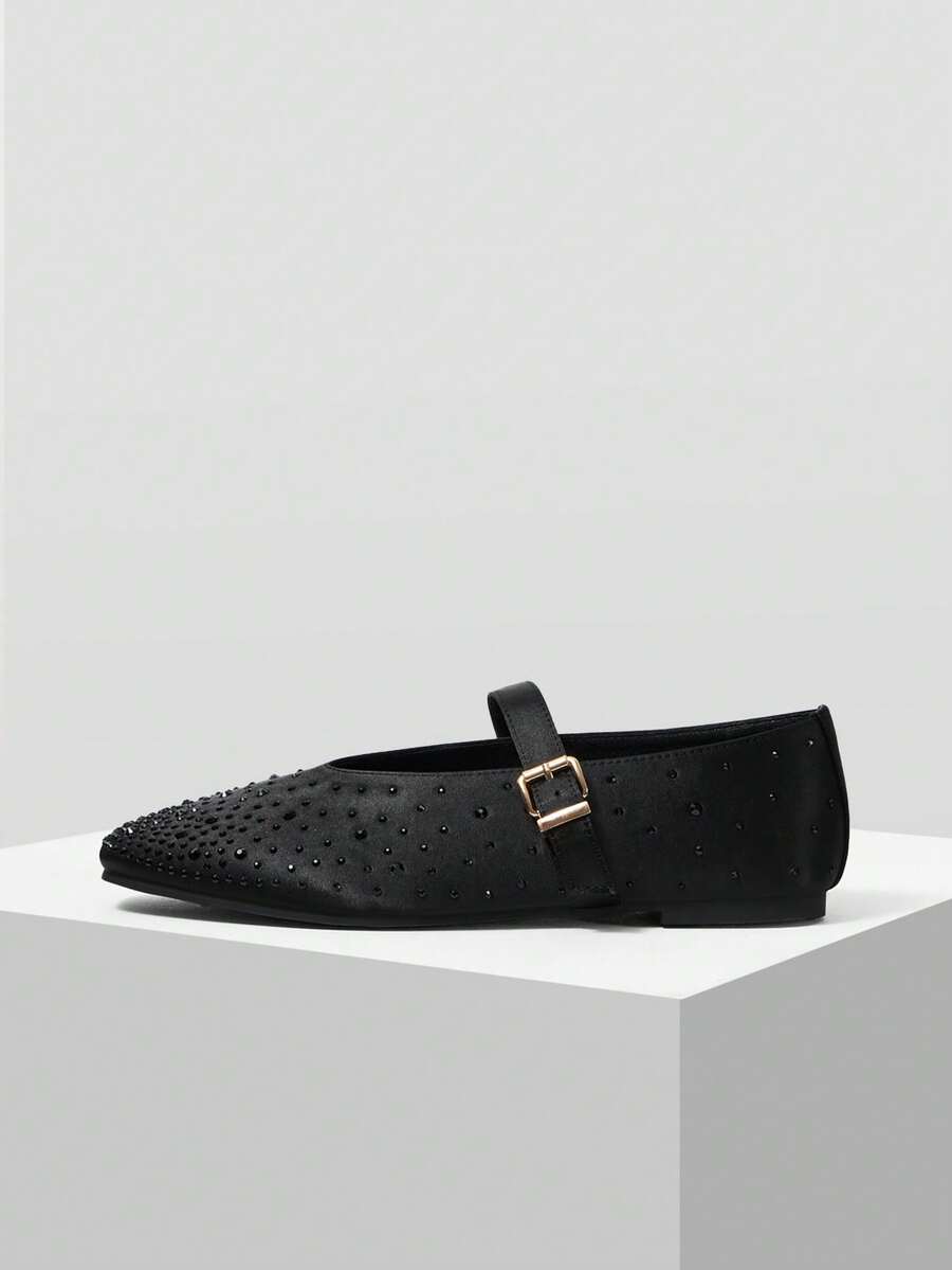 MOTF PREMIUM WOMEN'S COMMUTING CASUAL COMFORTABLE VERSATILE MARY JANE SQUARE TOE DIAMOND FLAT SHOES FOR CHRISTMAS - Black satin - View 2