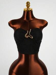 SaltGleam SaltGleam Top corto elegante con hebilla de metal decorativa para uso diario y vacaciones, estilo callejero juvenil para primavera/verano - Negro - Ver 4