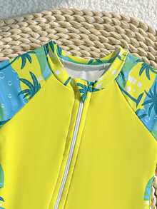 Newborn Zipper Swimsuit, Coconut Tree Print Short Sleeve Swimwear, Suitable For Beach, Vacation, Summer - Multicolor - View 3