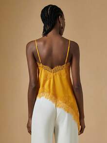 Briarwyn Women's Golden Yellow Lace Trim Camisole,Elegant Contrast Lace Asymmetric Hem Summer Top For Dinner Date,Fashionable Solid Color Lacey Top - Yellow - View 2