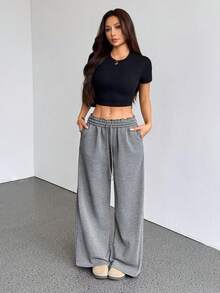SHEIN PETITE Autumn/Winter New Casual Thickened Fleece Loose High Waist Elastic Waistband Wide Leg Sweatpants, Spring/Summer Versatile Casual Style - Dark Grey - View 7