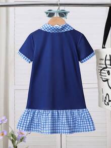 SHEIN 女童拼布格子 Polo 领短袖休闲连衣裙 - 彩色 - 查看 11